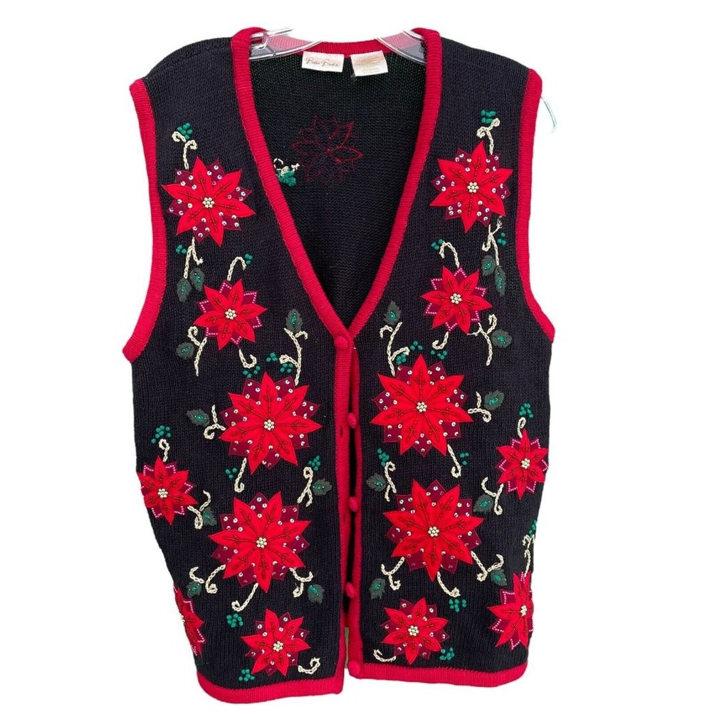Ugly Christmas Sweater Vest Poinsettia Embroidery Beads Buttons Womens L 12/14